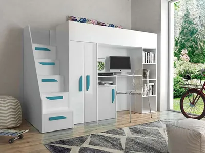 Obrázek produktu pro Zvýšená multifunkční postel 90x200 GRACLA - bílá / lesklá bílá / tyrkysová