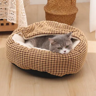 Productafbeelding van Hondenbed, kattenbed met kap, rond, wasbaar, antislip, bruin, 50x50x22 cm