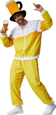 A man wearing a beer-themed costume, holding a glass of beer.