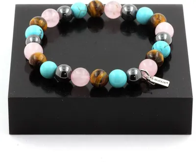 Immagine prodotto di Bracciale occhio di tigre + quarzo rosa + turchese + ematite 8 mm