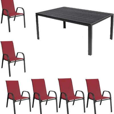 Produktbild von Gartenmöbel Set Alu Tisch 7-tlg. 6x Stapelsessel Essgruppe Sitzgruppe Gartenset brugundrot