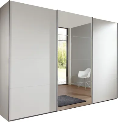 A modern white sliding door wardrobe with mirrored panels, reflecting a room with a window and a chair.