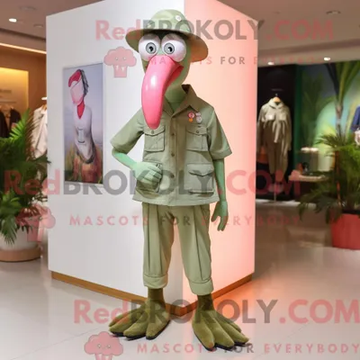 Produktbild von Maskottchenfigur REDBROKOLY eines olivgrünen Flamingos mit Chinos und Broschen