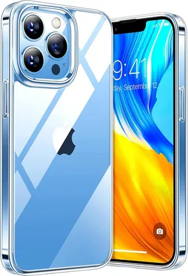A clear protective case for an Apple iPhone 13 Pro Max is shown, with the phone's screen displaying the time and date.
