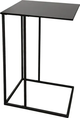 A black metal side table against a white background.