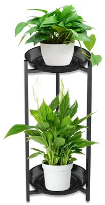 Image de Support à fleurs métallique à deux niveaux, support à plantes noir, étagère à fleurs, support pour pots de fleurs pour la terrasse, le jardin, le salon, support à plantes pour le balcon