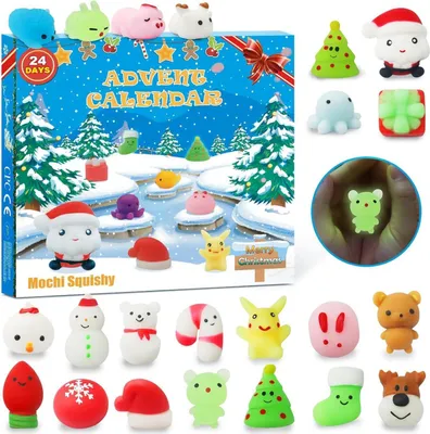 Produktbild von Adventskalender 2024 mit 24 leuchtenden Mochi Squishies Weihnachtsmann - für Kinder ungiftig & wiederverwendbar