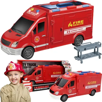 Zdjęcie produktu dla Straż Pożarna Ambulans Wóz Strażacki Otwierane Drzwi Światła I Dźwięki 1:16