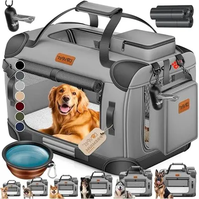 Immagine prodotto di Trasportino pieghevole per cani - Borsa per il trasporto di animali domestici - Trasporto sicuro - Include ciotola per cibo - Taglia XXL, 91 cm - Grigio chiaro