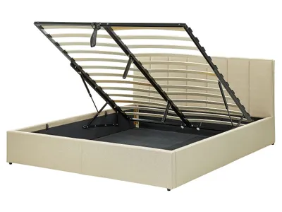 Produktbild von BELIANI Bett Beige Stoffbezug mit Lattenrost 160 x 200 cm Hochklappbar Bettkasten Hohes Kopfteil Modern Schlafzimmer Möbel Ausstattung Doppelbett