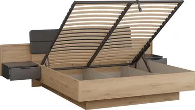 Produktbild von Furniture24 Bett 180 × 200 Cm Vulpecula Vull1182B Mit Nachttischen / Led Licht / Lattenrost / Bettkasten Natur Wildeiche / Uni Wolframgrau
