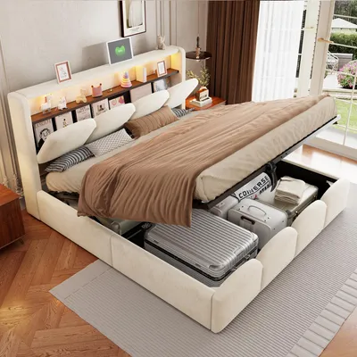 Produktbild von Flieks Hydraulisches Polsterbett 180x200cm mit Stauraum, Doppelbett Jugendbett mit Led & Ladefunktion, Boxspringbett Samt mit Lattenrost, Samt, Beige