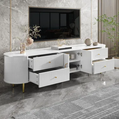 Produktbild von STILVORA TV-Schrank mit dreidimensionaler Wellenstruktur, TV Lowboard mit Kabeldurchlass und festem Einlegeboden, Fernsehschrank mit Aluminiumgriffen und Eisenfüßen