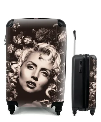 Produktbild von MuchoWow® Koffer Handgepäck Trolley Rollkoffer Kleine Reisekoffer mit 4 Rollen - Frau - Blumen - Schwarz - Weiß - Cabin Size < 55x40x23 cm & 55x40x20 cm - Fotokoffer - Kabinenkoffer - Boardgepäck - Reise-Box - Reisekoffer - Reisegepäck - Koffer mit Bild - Trolley für Kinder