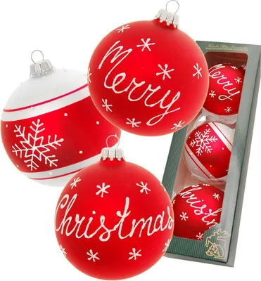 Produktbild von Krebs Glas Lauscha Christbaumkugeln 3er Set Scandic Xmas Merry Christmas in Rot & Weiß - Größe ca. 8cm