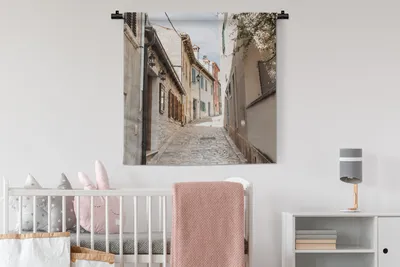 Produktbild von MuchoWow® Wandteppich Wandbehang Sommer - Haus - Straße 90x90 cm Tapisserie Dekoration Wandtuch - Wandaufhänger