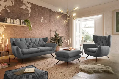 Produktbild von KAWOLA Sitzgruppe CHARME 2,5-Sitzer Sessel Hockerbank Cord grau