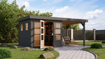 Produktbild von Karibu Gartenhaus Gerätehaus Lahar 3,5 im Set mit Anbaudach 2,40 m Breite rundum terragrau 463x246x211 cm