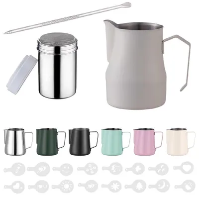 Produktbild von Edelstahl-Milchkännchen, 750 ml, mit Latte-Art-Schablonen und Stift
