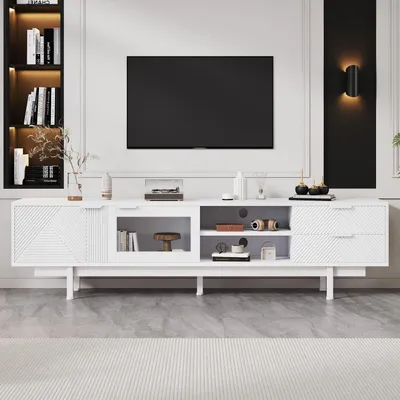 Image de Meuble TV bas avec 2 portes et 2 tiroirs, dimensions : 200 x 40 x 50,5 cm, couleur : blanc
