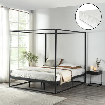 Obrázok produktu pre Posteľ s baldachýnom 'Kristianstad' s matracom 160 x 200 cm kovová čierna
