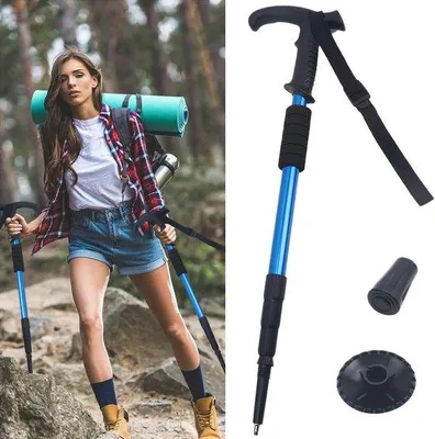 Immagine prodotto di Bastone da passeggio regolabile in lega di alluminio, pieghevole, blu, per escursioni all'aperto