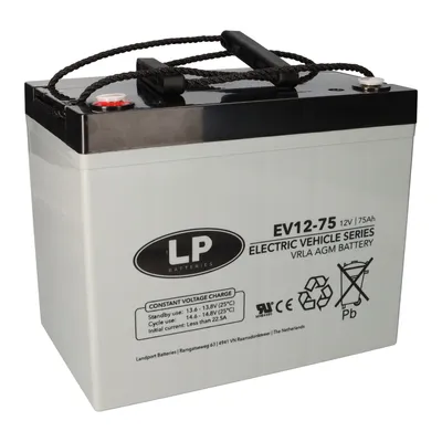 A white battery with black accents and branding, isolated on a white background.