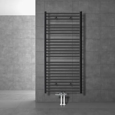 Produktbild von LuxeBath Badheizkörper Mittelanschluss 750 x 1500 mm Anthrazit gebogen mit Thermostat und Anschlussgarnitur Durchgang Boden Heizkörper, ohne Heizstab