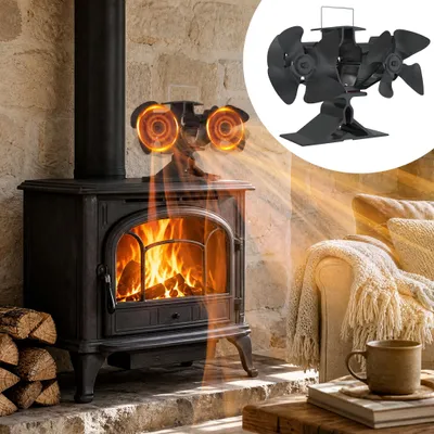 Image de NAIZY Ventilateur de cheminée à convection thermique, sans électricité, ventilateur de poêle à double tête, 8 pales, pour poêle et cheminée, noir
