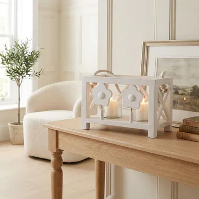Produktbild von Laterne aus Holz, Windlicht, Weiß, Blumen, Chabby Chic