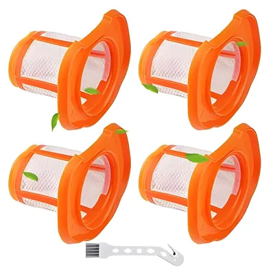 Four orange vacuum cleaner filters and a small white cleaning brush are arranged on a white background.