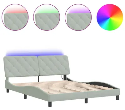 Imagen del producto de Estructura de cama vidaXL con iluminación LED, sin colchón, color gris claro, 160x200 cm, tapizada en terciopelo