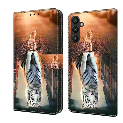 Produktbild von CLM-Tech Handyhülle kompatibel mit Samsung Galaxy A16 5G Hülle - Tasche aus Kunstleder - Klapphülle mit Ständer und Kartenfächern - Schutzhülle Wallet Case Cover Katze weißer Tiger