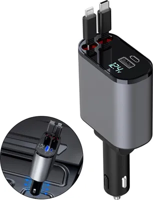 Produktbild von 100 W Auto-Ladegerät mit Display, USB + Type-C Ports, ausziehbares Kabel, kompatibel mit QC3.0 & PD Schnellladung