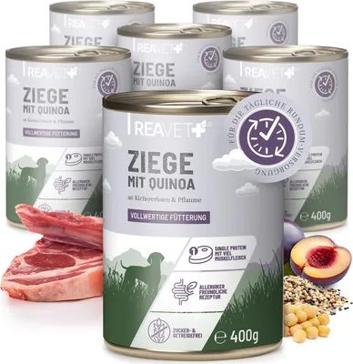 Produktbild von REAVET Hundenassfutter - Ziege mit Quinoa an Kichererbsen & Pflaume 6 x 400g | Getreidefrei, ohne Zucker