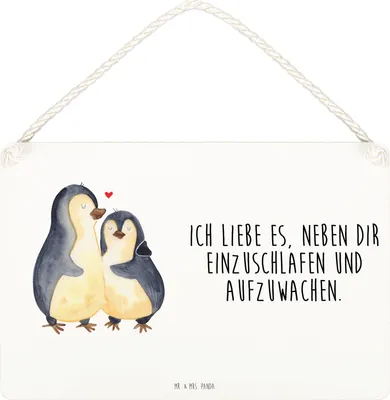 Produktbild von Mr. & Mrs. Panda Holzschild Pinguine Einschlafen DIN A4 - Weiß - Geschenk, Mitbringsel, für Freundin, holzbild, Jahrestag, Frauen, Valentinstag, Wandschild, Wandbild Holz