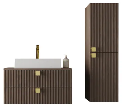 Produktbild von MIRJAN24 Badmöbel-Set Gariano Bis III mit Siphon, Waschbecken, Badezimmerschrank, Waschbeckenschrank, Griffe aus Metall in der Farbe Gold (Farbe: Walnuss), KI-generiertes Bild