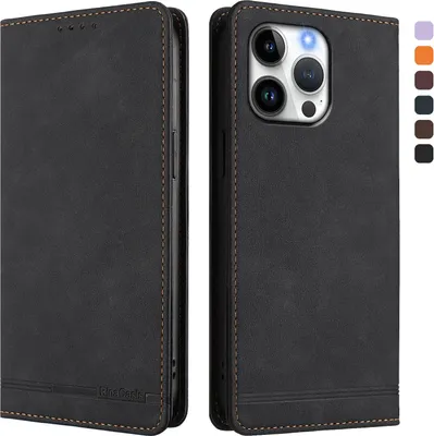 Produktbild von Hülle für iPhone 16 Pro Max, Retro Kunstleder Ständer Klapphülle mit Kartenfächer und Magnetische Schwarz
