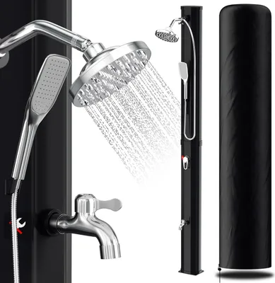 Zdjęcie produktu dla Izrielar Solardusche – prysznic ogrodowy o pojemności 35 l z osłoną, ręczną słuchawką i zaworem spustowym – stojak do ogrodu, basenu i na kemping w kolorze czarnym