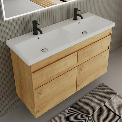 Produktbild von Alpenberger Badmöbel mit Keramik Waschbecken und Unterschrank - Softclose - Vormontiert - Hängender Waschtisch - 60/80/100/120 cm
