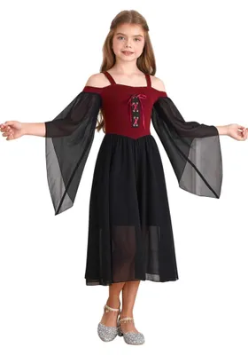 Obrázek produktu pro Dětský středověký kostým pro dívky - Velikost 152 cm - Renesanční maxi šaty s rukávy do drdolu - Ideální na Halloween, maškarní, karneval a večírky