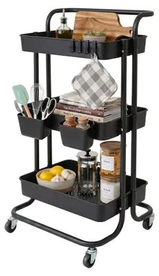 Immagine prodotto di Carrello Relaxdays, 3 ripiani, carrello multiuso, per hobby, ufficio, bagno, cucina; dimensioni: 87x43x38 cm, metallo, plastica, nero