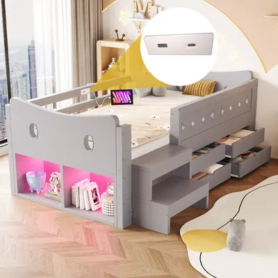 Produktbild von okwish Kinderbett 90×200 mit LED und 4 Schubladen, Einzelbett mit USB- und Type-C, Funktionsbett mit Sicherheitsgitter,Grau,ohne Matratze
