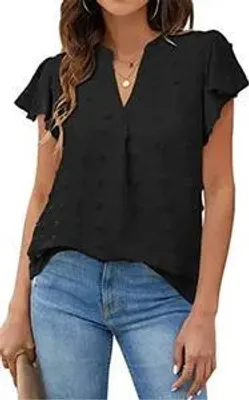 Produktbild von ASKSA Damen Sommer V-Ausschnitt Rüschen Bluse Chiffon Polka Dot Tunika Shirt, Schwarz, XL