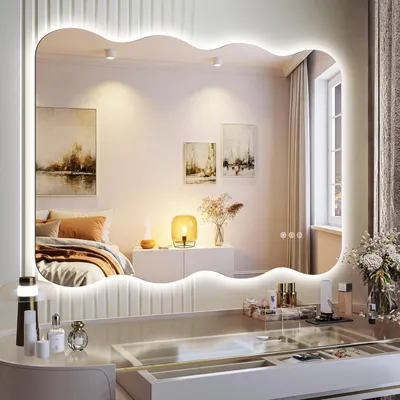 Produktbild von LED Badezimmerspiegel 101x81 cm Wellendesign mit Anti-Beschlag und 3 Lichtfarben dimmbar