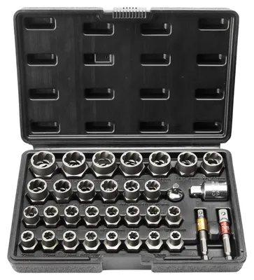 Produktbild von VEVOR Bolzenextraktor-Set, 29-teiliges Bolzen- und Mutternentferner-Set, 6mm bis 10mm, 13/32" bis 3/4", CR-MO-Stahl-Extraktionssteckschlüssel-Set mit Aufbewahrungskoffer, zum Entfernen von beschädigten, verrosteten Bolzen, Muttern und Schrauben