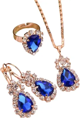 Produktbild von 3 Teile/satz Ohr Clip Helle Farbe Legierung Halskette Ohrringe Ring Set Wasser Tropfen Strass Anhänger Halskette Ohrringe Ring Schmuck Zubehör-Blau