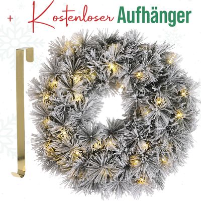 MeisterHome ® Künstlicher Weihnachtskranz Adventskranz für Tür Ø 50 cm - Weihnachtlicher Türkranz für Innen und Außen mit 35 LEDs, Timer und Schnee Dekoration + Goldfarbener Aufhänger