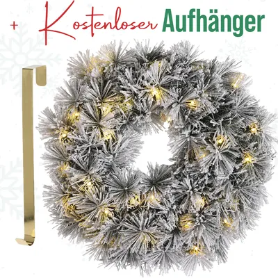 Produktbild von MeisterHome ® Künstlicher Weihnachtskranz Adventskranz für Tür Ø 50 cm - Weihnachtlicher Türkranz für Innen und Außen mit 35 LEDs, Timer und Schnee Dekoration + Goldfarbener Aufhänger