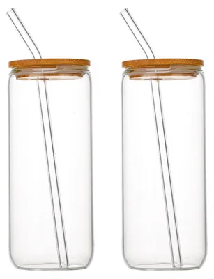 Produktbild von 500 ml Borosilikatglas, wiederverwendbarer transparenter Eiskaffeebecher mit Strohhalm und Bambusdeckel (2 Stück).